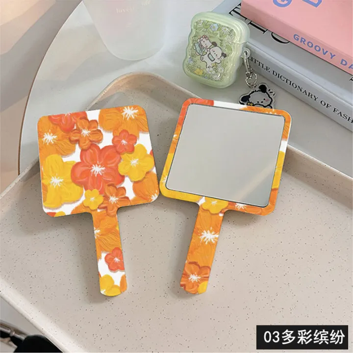 travel-friendly-makeup-mirror-handheld-mirror-for-makeup-application-wind-flower-square-hand-held-mirror-makeup-mirror-with-handle-portable-makeup-mirror