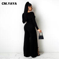 CM.YAYA Women Jumpsuit Solid Full Sleeve V-neck Stretchy Bodycon Skinny Splited Wide Leg Jumpsuits Fashion Outfits Autumn 2021