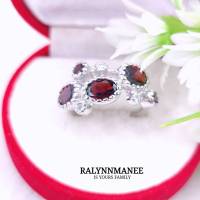 G6422 แหวนพลอยโกเมนแท้ ( Garnet ) ตัวเรือนเงินแท้ 925 ชุบทองคำขาว มีไซส์ 55,56 แก้ไซส์ฟรี