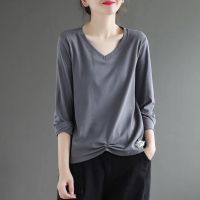 COD DSFDGDFFGHH T-shirt Cotton Long-sleeved Tee Womens Spring Wear V-neck Large Size Top Artistic Loose Versatile Bottom TShirt