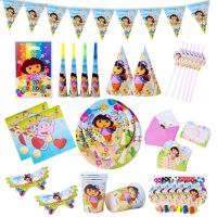 ☃⊙☄ Dora Grils Birthday Party Decoration Tablecloth Straw Napkin Cup Plate Disposable Tableware Set Balloon Birthday Party Supplies