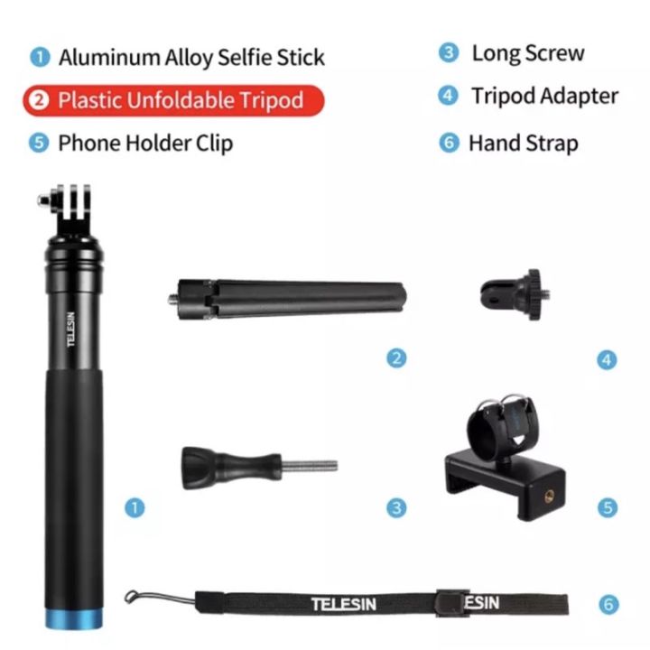 best-seller-telesin-aluminum-selfie-stick-for-gopro-hero-ยาว-90-ซม-มาพร้อมกับชุดยึดมือถือ-และขาตั้ง