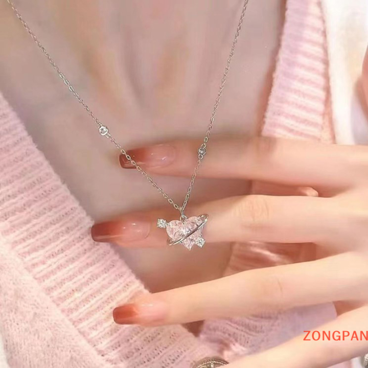 zongpan-สร้อยคอหัวใจเพทายสีชมพูสำหรับผู้หญิงดีไซน์อ่อนหวานปราณีตเครื่องประดับสำหรับงานเลี้ยง