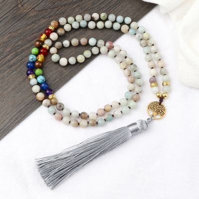 【cw】 Healing Amazonite Stone Beaded Luxury Spacer Tassel Pendant Necklace Prayer Jewelry ！