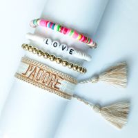 4PCS Colorful Clay Beads Tassel Wrap Bracelets Set for Women J ADORE HOPE Letter Embroidery Fabric Rope Bracelet Friendship Gift Charms and Charm Brac