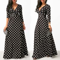 ❒◇ Women Maxi Long Dresses Bohemia V-neck Three Quarter Sleeve Dots Printing Ethnic Beach Female Stylish Style Dress