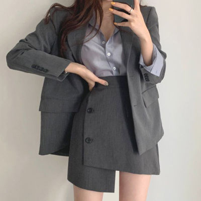 OL Loose Back Split Lapel Blazer Jacket Grey Tops Sexy High Waist Single Breasted Irregular Skirt Black Suit Fashion Sets