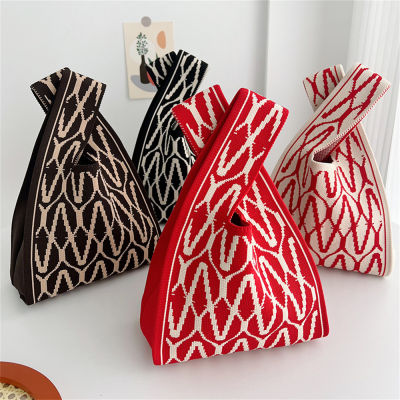 Handmade Women Japanese Wrist Mini Tote Knit Stripe Plaid Bag Shopping Bags Knit Handbag Tote Bag Knot Wrist Bag