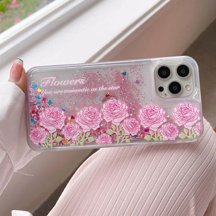 dynamic-quicksand-cute-pink-flower-phone-case-for-13-12-mini-11-pro-max-6s-7-8-plus-x-xr-xsmax-liquid-glitter-coque-cover