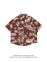 European and American hip-hop letters full printed short-sleeved shirt mens trendy brand loose couple casual all-match floral shirt 【BYUE】