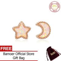 BAMOER 925เงินสเตอร์ลิงต่างหูดอกกุหลาบสีทองดวงจันทร์ &amp; Star AAA Zircon เครื่องประดับแฟชั่นสำหรับผู้หญิง SCE691