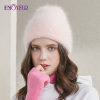 ENJOYFUR womens winter hats angola rabbit fur cuffed beanie hat fashion female warm solid color young style ski bonnets