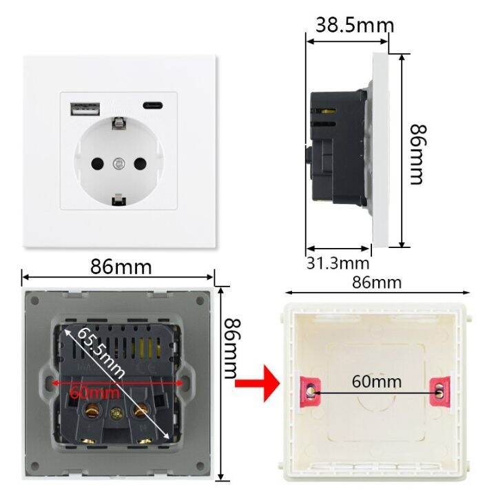 rewnssin-wall-type-c-power-outlet-86-86mm-wall-socket-with-usb-phone-charging-port-white-pc-panel-outlets-eu-bedroom-sockets