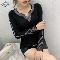 YIMEI เสื้อยืดคอวีปักเพชรเสื้อสตรี,ใหม่2023ฤดูใบไม้ร่วงเสื้อสตรีผ้าฝ้ายแขนยาวปักลูกไม้หรูหราเข้ารูปพอดีแวววาว