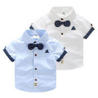 2021 Summer ChildrenS Birthday Party Clothing Cotton Short Sleeve Polka Dot Patchwork Child Kids Handsome Boy Bow Tie Shirt