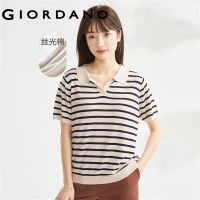 GIORDANO Women Sweaters Contrast Color Stripe Fashion Sweaters V-Neck Turn-Down Collar Short Sleeve Casual Sweaters 18353701