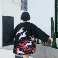 Japanese ukiyoe flying crane sea wave seven-point sleeve kimono cardigan men and women couple loose thin section half sl