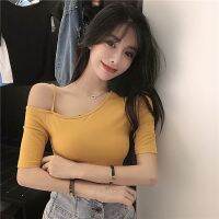 [COD] clothes female anchor sexy slanted collar off-the-shoulder top tight-fitting thin leaky shoulder half-sleeved summer