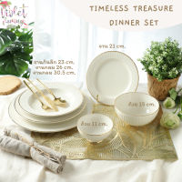 Violet Flamingo ชุดรับประทานอาหาร 6 ชิ้น จานชามรุ่น Timeless Treasure สีขาว Ivory ขอบทอง จานเซรามิคเกรดส่งออกต่างประเทศ