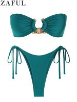 ZAFUL Solid O Ring Swimsuit For Women Tie Side Shiny Metal Hardware Ring Bandeau Bikini Swimwear Padded Bra Top Low Waisted