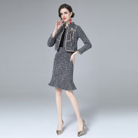 Small Fragrance Winter Beading Tweed Two Piece Set Women Crop Top Diamonds Bow Fringe Wool Short Jacket Coat+Mermaid Skirt Suit