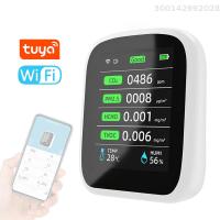 เครื่อง Tuya PM2.5 PM1.0 8in1มีเตอร์วัดคุณภาพอากาศแบบพกพา Wi-Fi CO2 PM10 TVOC HCHO เครื่องทดสอบความชื้นและอุณหภูมิตัวตรวจจับคาร์บอนไดออกไซด์หน้าจอสี LCD มีฟังก์ชั่นแสดงเวลาและวันที่