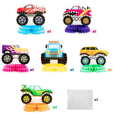 6ชิ้นเซ็ต Monster Truck Honeycomb Balls Centerpieces Table Topper รูปแบบที่มีสีสันรถรูปแบบเด็กวันเกิด Party Photo Props