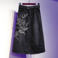 Large size meat cowboy skirt female spring and summer new embroidery flowers high waist bag hip one step mid-length skirt