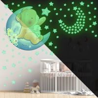 ZZOOI Stars Shine In The Dark Luminous Bear Moon Wall Stickers For ChildrenS Room Kids Room Decoration Glow In The Dark Stickers