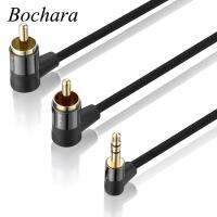 Bochara 30cm Fabric Braided 90degree 3.5mm jack to 2RCA Audio Cable OFC Gold Plated For Speakers Amplifier Mixer