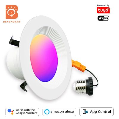Benexmart Wifi Tuya Art LED ไฟติดเพดานดาวน์ไลท์4นิ้ว RGBCW US Type ฐาน E27 Alexa Google Home โคมไฟแผงเปลี่ยนสีได้