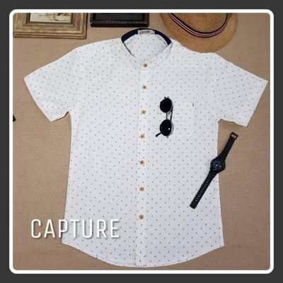 Capture Shirt เสื้อเชิ้ตผู้ชาย คอจีน แขนสั้น oxford ลายสมอ สีขาว มีถึงอก 48 นิ้ว