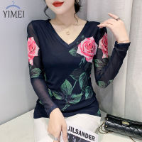 YIMEI เสื้อโค้ทคอวีแบบบางสำหรับผู้หญิง,เสื้อเสื้อยืดผ้าตาข่ายแฟชั่นฤดูใบไม้ผลิและฤดูใบไม้ร่วง2023เข้ารูปพอดี