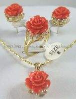 12MM Pink Coral Carved Flower Earrings Ring Necklace Pendant set Jewelry