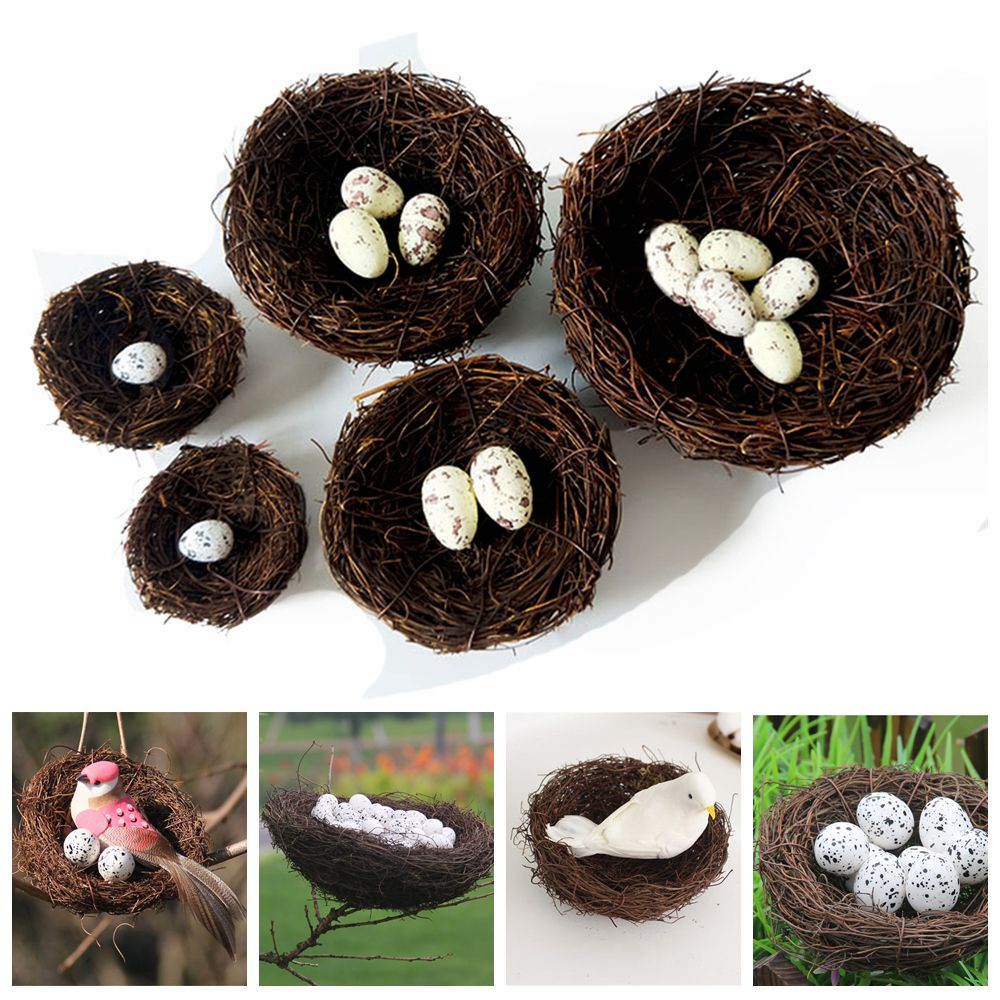 Easter Ornaments Artificial Birds Nest Fake Eggs Toad Vine Woven Straw Roost 