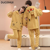 DUOJIHUI Winter Two Piece Couples Pajama Set Fashion Flannel Loose Simple Casual Zipper Hooded Cardigan Chic Pajamas for Women