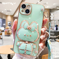 เคสโทรศัพท์ชุบโลหะด้วยไฟฟ้าหรูหราสำหรับ VIVO Y21A Y21T Y33S Y33T Y02 Y21 Y21S Y72 5G Y76 5G Y77แต่งหน้าแฟชั่นกระต่ายผีเสื้อน่ารักตัวยึดกระจกกรอบซิลิโคนนิ่ม + เชือกยาว