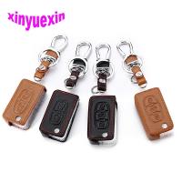 △ Xinyuexin Leather Car Key Cover FOB Case For Peugeot 208 207 3008 308 408 407 307 206 Flip Remote Car Key Jacket With Keychain