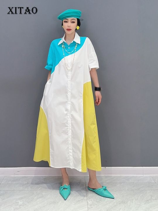 xitao-shirt-dress-casual-loose-fashion-contrast-color-women-shirt-dress
