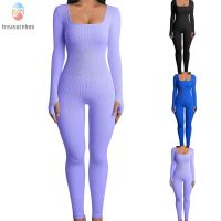 【TRSBX】Black and Purple Ribbed Long Sleeve Womens Yoga Jumpsuits Sport Bodysuits