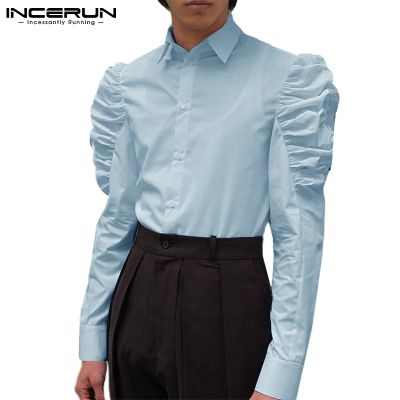 ☍۞ↂ Incerun เสื้อเชิ้ตแขนยาว คอปก สีพื้น แฟชั่นสําหรับผู้ชาย