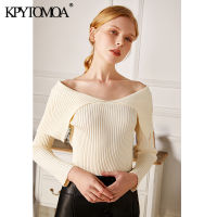 KPYTOMOA Women 2021 Fashion With Exposed Shoulders Fitted Knitted Sweater Vintage V Neck Long Sleeve Female Pullovers Chic Tops