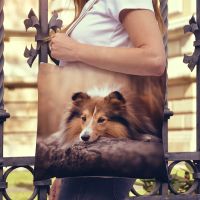 【Lanse store】Casual Shetland Sheepdog Dog Shopping Shoulder Bag for Women Pet Animal Foldable Reusable Linen Fashion Student Tote Handbag