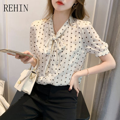 REHIN เสื้อสไตล์เกาหลีแบบใหม่แขนพองลายผูกโบว์จุดสำหรับผู้หญิง,เสื้อแขนสั้นผ้าชีฟองดีไซน์เฉพาะสำหรับฤดูร้อน