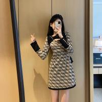 Small Fragrance Dress Spring 2022 French Waist Skirt Geometric Pattern Print Long Sleeve Dress for Ladies