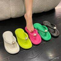 ☊⊙◄ ?พร้อมส่ง?ลูกอมสี Flip Flop ผู้หญิงฤดูร้อนแฟชั่นมุกแบนชายหาดรองเท้าคู่วันหยุดรองเท้าแตะ SF2CZ017