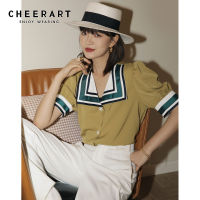 CHEERART Vintage Sailor Collar Puff Sleeve Blouse Women Yellow Summer Ladies Top Satin Short Sleeve Korean Blouse Clothing