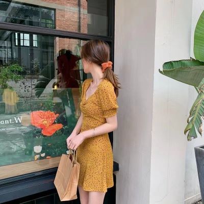 Spot parcel post【 with Zipper 】 Womens French-Style Square Collar Puff Sleeve Dress 2022 Summer Temperament T-shirt in Yellow Floral Skirt