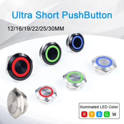 Ultra Short Push Button Switch Stainless Steel Self-Reset 12mm 16mm 19mm 22mm 25mm Micro Stroke Thin Momentary LED Push Button
