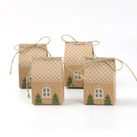 50PcsLot Christmas House Style Kraft Paper Candy Gift Box Cookies Bag Packaging Boxes Christmas Tree Pendant Party Decorations